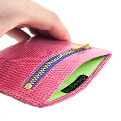 【受注製作】リザードスキン製ミニウォレット トカゲ革のスリムで小さい財布 札入れ・小銭ポケット付き 男女兼用（ピンク） 4枚目の画像