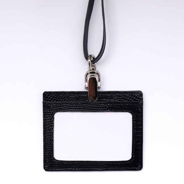 【受注製作】リザードスキン製IDカードホルダー・牛革製ネックストラップ付（ブラック）