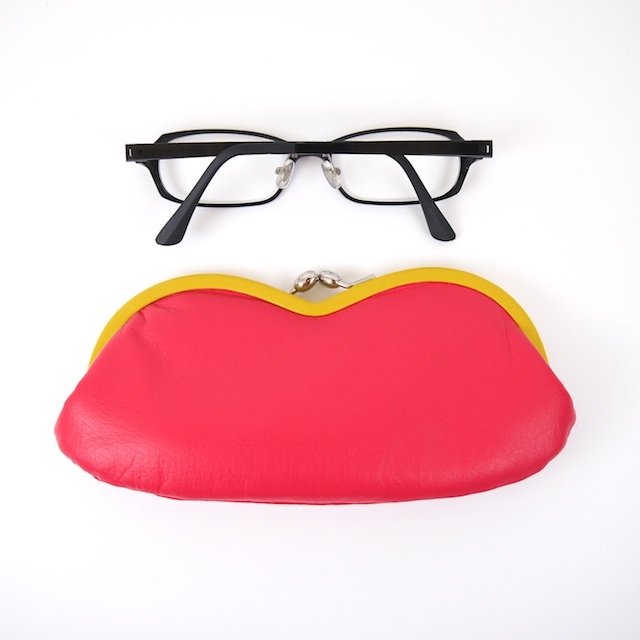 【受注製作】牛革製がま口ポーチ「メガネケース」（ピンク＆イエロー）