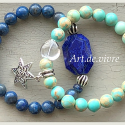 【再販】[愛と地球」ハート＆スターのアースブルーの天然石ブレス 5枚目の画像