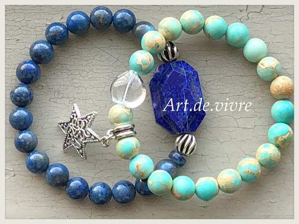 【再販】[愛と地球」ハート＆スターのアースブルーの天然石ブレス 5枚目の画像
