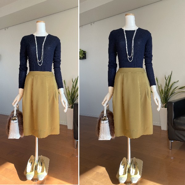 【完成品】5号膝下丈タックスカート(グリーンオリーブ色)