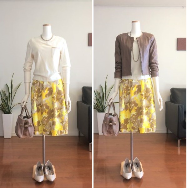 【完成品】5号タックスカート　(黄色花柄）