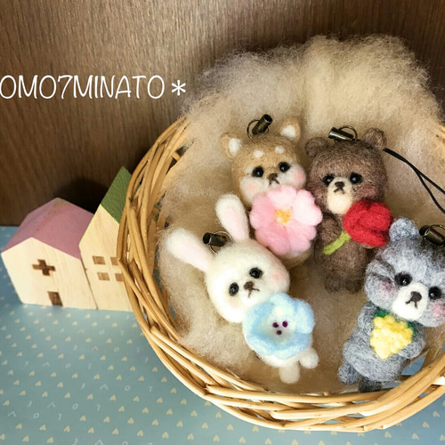 春の花×動物ストラップ＊桜×いぬ＊◇羊毛フェルト◇ 羊毛