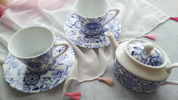 リニューアル！青のシノワズリTeaset(ポット1個、カップ＆ソーサー2客 ) ※限定1 定価6500円→4550円 2枚目の画像