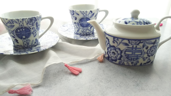 リニューアル！青のシノワズリTeaset(ポット1個、カップ＆ソーサー2客 ) ※限定1 定価6500円→4550円 3枚目の画像