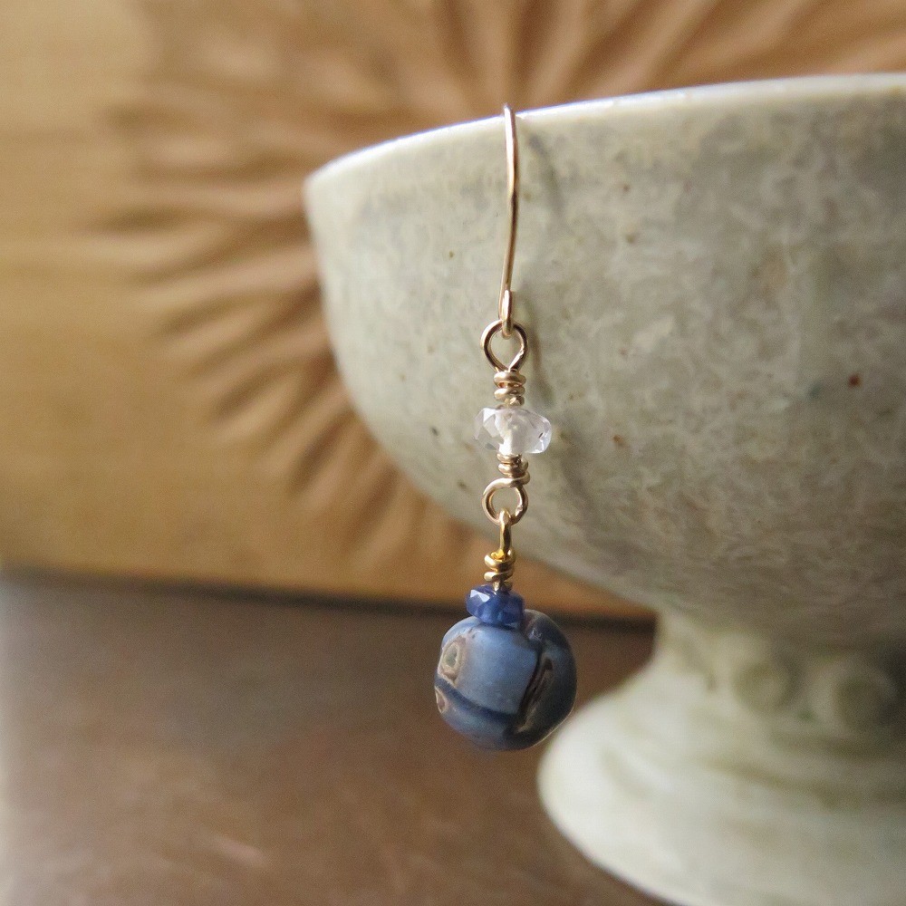 アンティーク　icco　ローマンモザイク残片　＋　ムーンストーン＆サファイア　ピアス＆イヤリング　千世 chitose