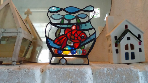 ステンドグラスの金魚鉢　テーブルライト人感センサー付き new 3枚目の画像