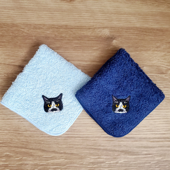 晴れやかブルー ☆* 猫さん刺繍泉州ハンカチタオル2枚セット 3枚目の画像