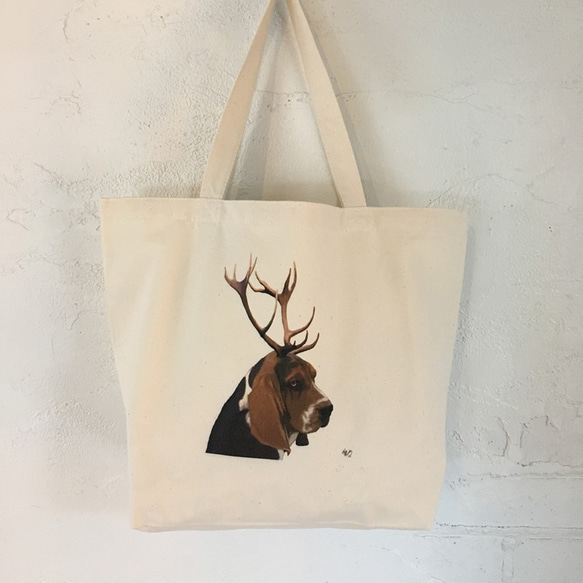 【在庫処分 半額セール】Basset Hound and Antlers Bag  “バセットハウンド”　Lサイズ 1枚目の画像