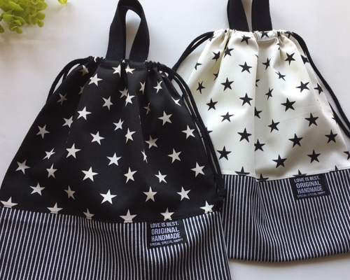 5色♪長く使える 大きな体操服袋 ヒッコリーデニム スター BK 星柄