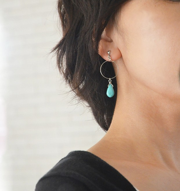 Earring of natural Turquoise　＆ Metal　hoop 第3張的照片