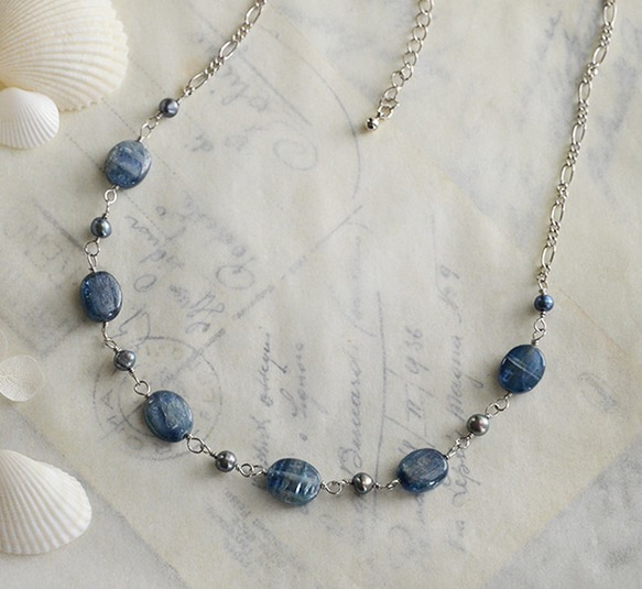 Necklace of the natural stones[Kyanite]& the pearls 第6張的照片