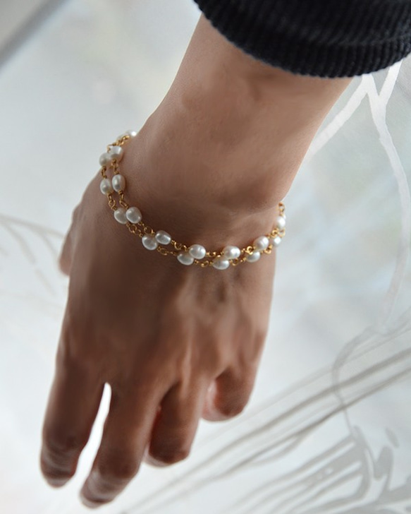 簡單的淡水珍珠雙手鍊[白色] 第3張的照片