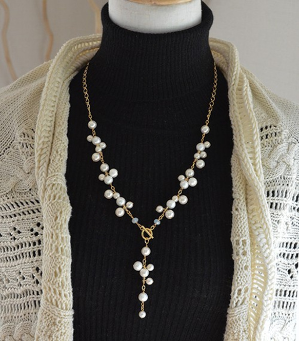华丽的珍珠珠前封Y形项链【絲滑白】 第3張的照片