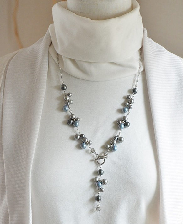 华丽的珍珠珠前封Y形项链【灰色金屬】 第7張的照片