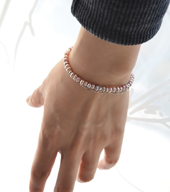 兩個小鏈淡水珍珠[粉色系列]和鏈雙手鍊 第2張的照片