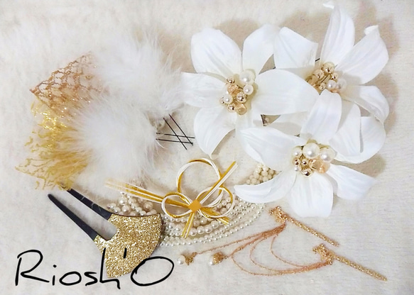 白×金 パールカサブランカ ゴールド系 ☆ 和装 洋装 髪飾り 成人式 花魁 4枚目の画像