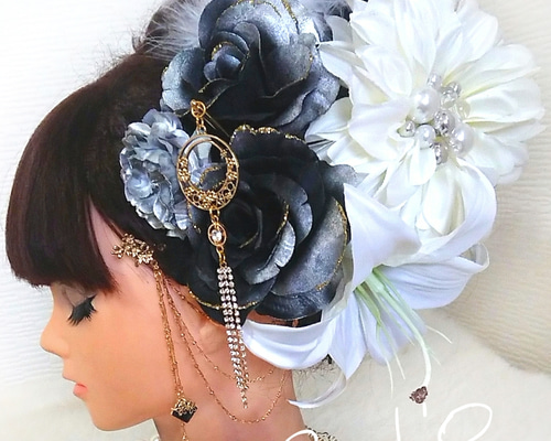髪飾り・かんざし・成人式・結婚式・バラ・豪華・派手・ヘッドドレス・振袖・花魁 17 髪飾り 紫 黒 ゴールド 花魁 派手 成人式 結婚式 簪 組紐