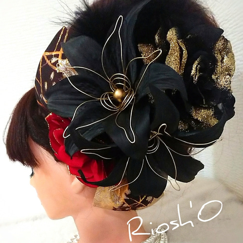 黒カサブランカ×薔薇 黒金赤の和装髪飾りセット ☆ 成人式 リボン 派手 