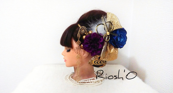 紫×青×金 水引飾り 西陣織リボン付き 和装髪飾り ☆ 成人式 ゴールド 振袖 和モダン リボン 3枚目の画像