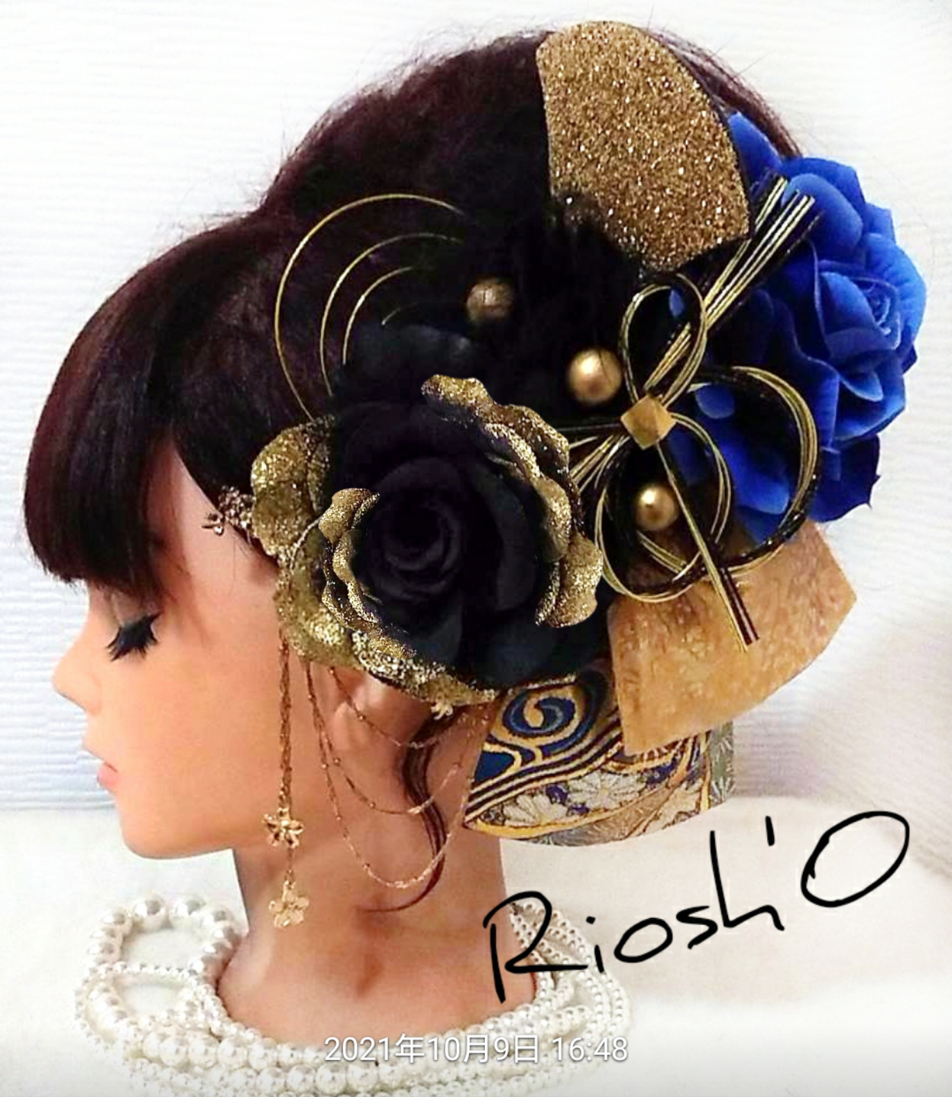 黒薔薇×青薔薇 ボリューム系 かんざし付き 髪飾り ❀ 成人式 ゴールド