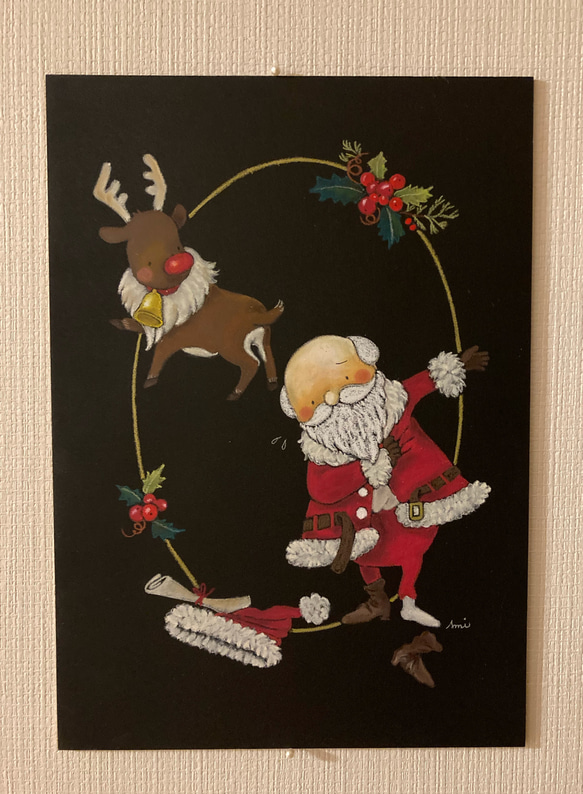 【チョークアート原画】サンタとトナカイのクリスマスボード（額なし）プレゼントにも。 2枚目の画像