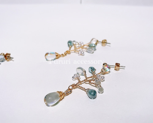 涼しげ 再販 蒼色 森の雫 ピアス/イヤリング ガラスの木 ツリー