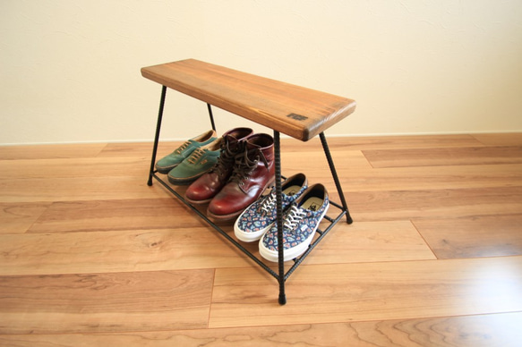 シューズラックベンチ アイアン家具 無垢材 異形鉄筋 棚