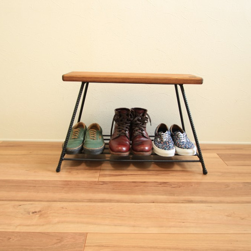 シューズラックベンチ アイアン家具 無垢材 異形鉄筋 棚・シェルフ