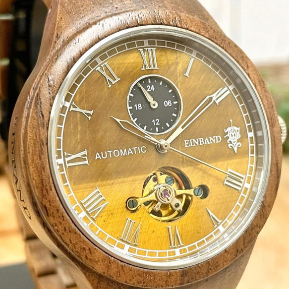 EINBAND Kaiser Tiger eye & Walnut 46mm 自動巻木製腕時計【初回限定生産】 2枚目の画像