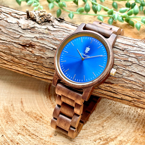 【木製腕時計】EINBAND Glanz グラデーションブルー 木の時計 ウッド ウォッチ【40mm】 1枚目の画像