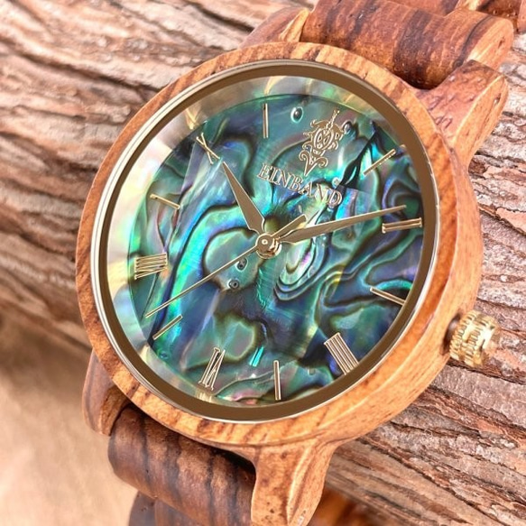 【木製腕時計】EINBAND Reise 天然貝 パール アバロンシェル 木の時計 ウッド ウォッチ ゼブラ【32mm】 2枚目の画像