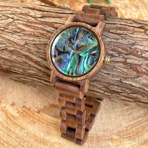 【木製腕時計】EINBAND Reise 天然貝 パール アバロンシェル 木の時計 ウッド ウォッチ クルミ【32mm】 1枚目の画像