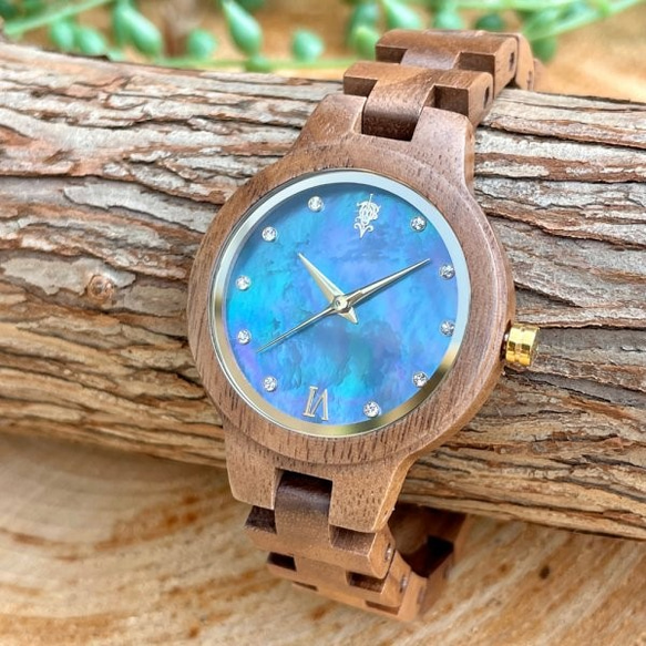 EINBAND Prima Walnut × Mother of pearl 天然貝木製腕時計 34mm 