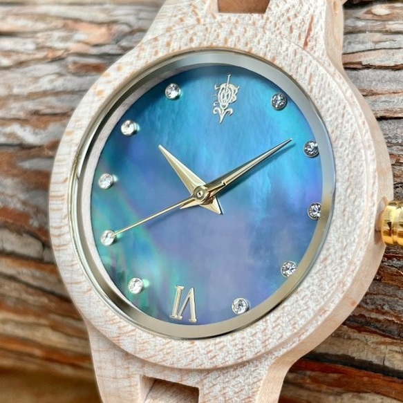 EINBAND Prima Maplewood×Mother of pearl 天然貝木製腕時計 34mm ブルー文字盤 2枚目の画像