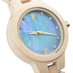 EINBAND Prima Maplewood×Mother of pearl 天然貝木製腕時計 34mm ブルー文字盤 6枚目の画像