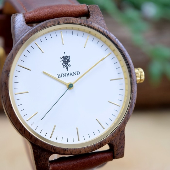EINBAND Glanz WHITE 40mm棕色皮革木質手錶木質手錶 第2張的照片