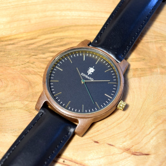 EINBAND Glanz BLACK 40mm ブラックレザー 木製腕時計 ウッドウォッチ 3枚目の画像