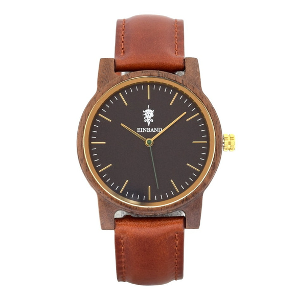EINBAND格蘭仕黑色36毫米棕色皮革木製手錶木製手錶 第1張的照片