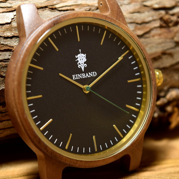 EINBAND Glanz BLACK 36mm ブラウンレザー 木製腕時計 ウッドウォッチ 2枚目の画像