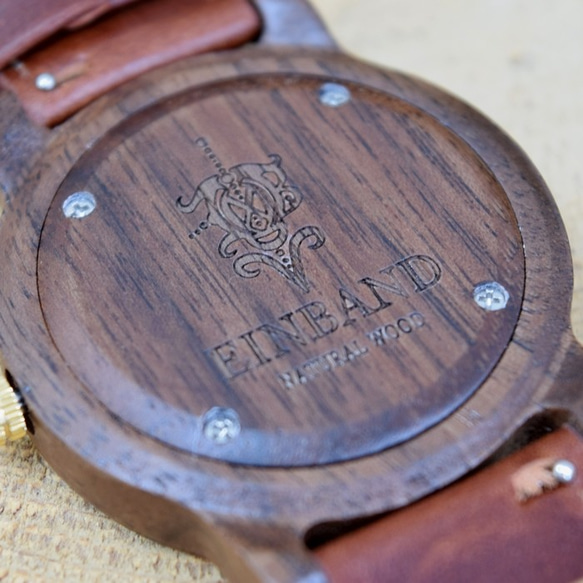 EINBAND格蘭仕黑色36毫米棕色皮革木製手錶木製手錶 第8張的照片