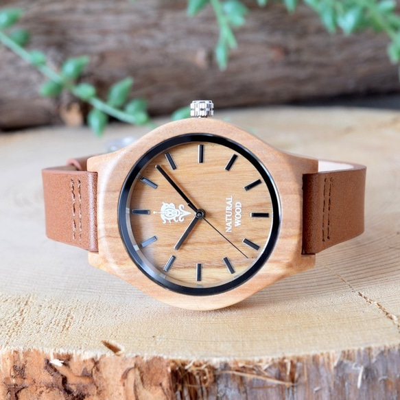 EINBAND Luft Olive レザー木製腕時計 36mm 2枚目の画像
