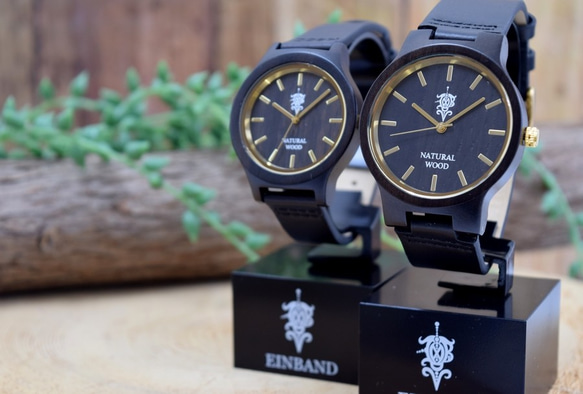 EINBAND Luft黑檀木和黃金皮革木製手錶36mm 第5張的照片