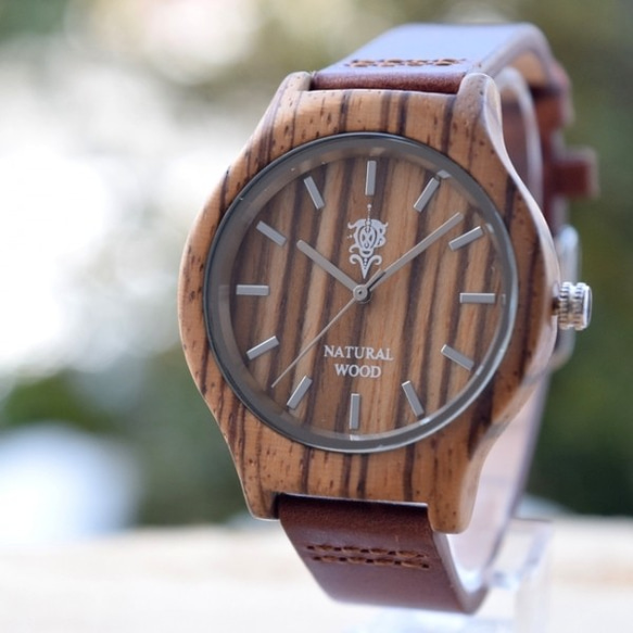 EINBAND Luft Zebrawood皮革木製腕錶36mm 第1張的照片