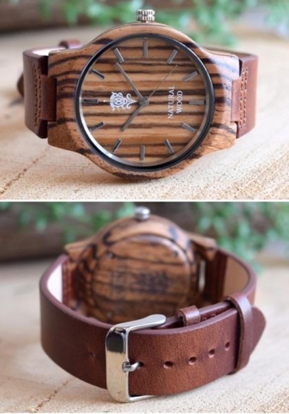 EINBAND Luft Zebrawood皮革木製腕錶40mm 第3張的照片