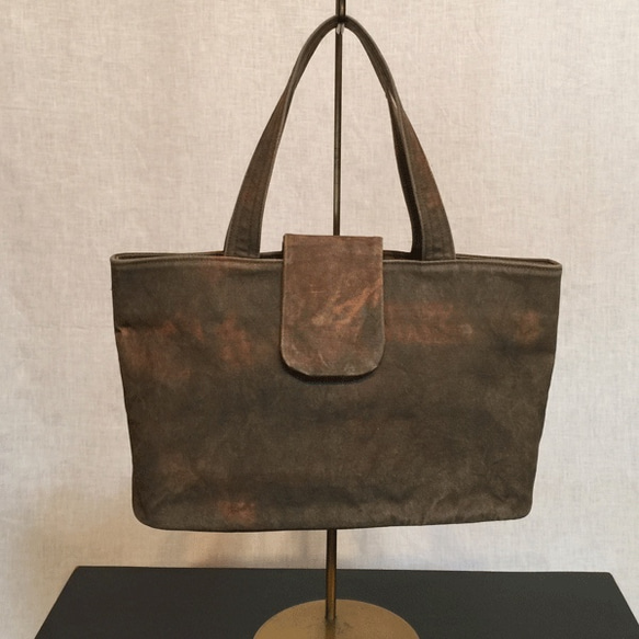 ハンドメイド がま口バック柿渋染め 帆布生地 オリジナル