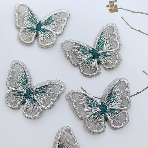 4枚【eb2-3-S】 刺繍 蝶々パーツ オーガンジー レース シルバー DIY 