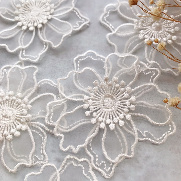 4枚 レースフラワーパーツ 花 オーガンジー 刺繍 ホワイト DIYパーツ 