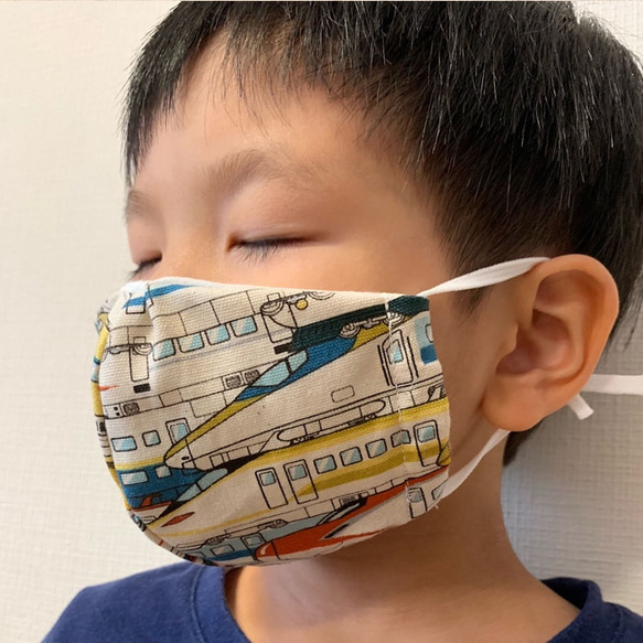 【キッズマスク】縫い目が見えないレトロ電車柄マスク【綿100％】 8枚目の画像